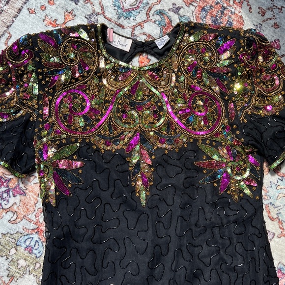Vintage 80s Lawrence Kazar Embellished multicolor Sequin Cocktail Dress size PL - Picture 11 of 17